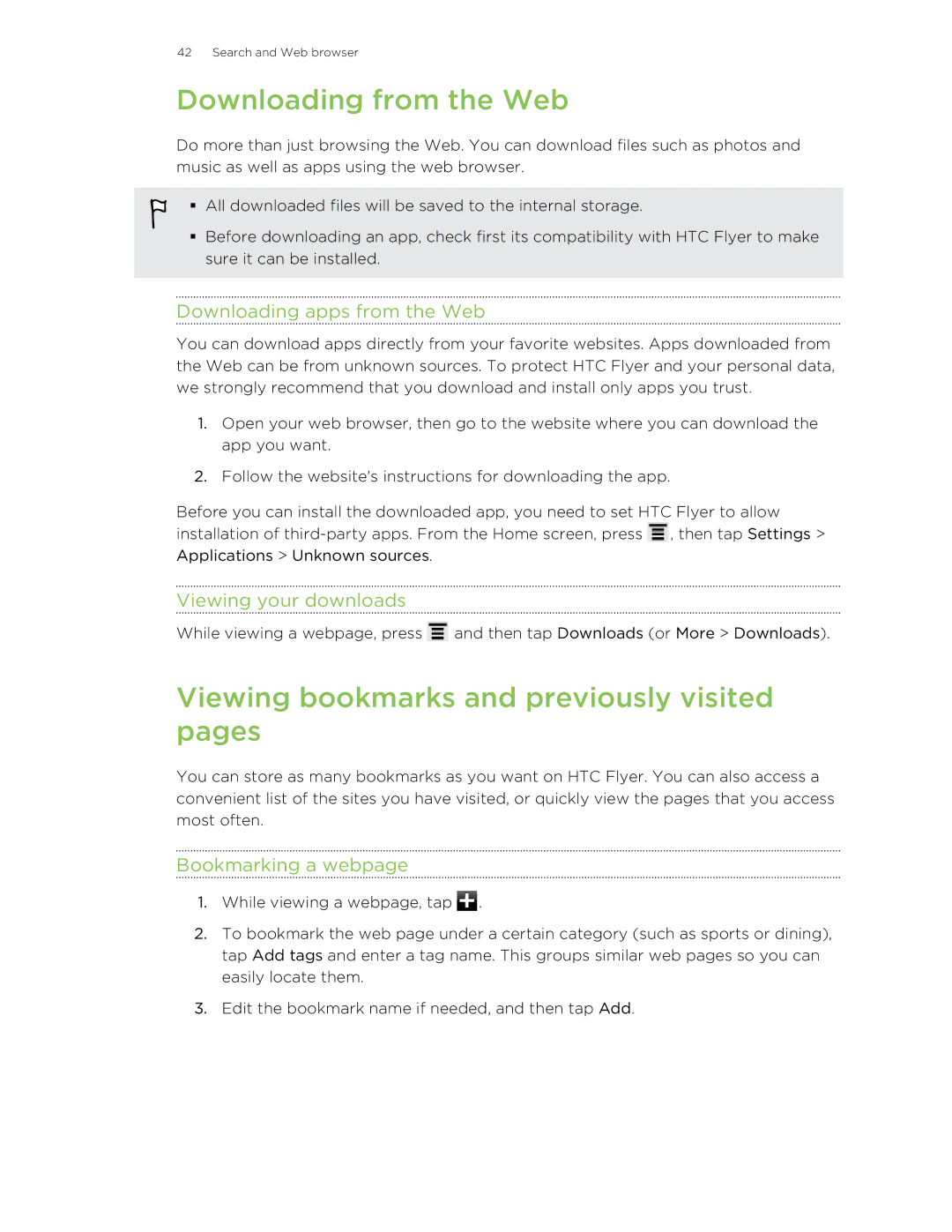 HTC HTCFlyerP512 Downloading from the Web, Viewing bookmarks and previously visited pages, Downloading apps from the Web 