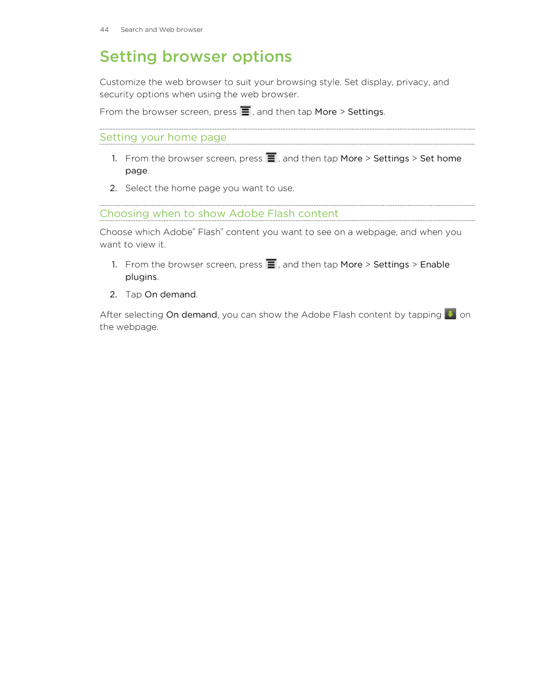 HTC HTCFlyerP512 manual Setting browser options, Setting your home, Choosing when to show Adobe Flash content 