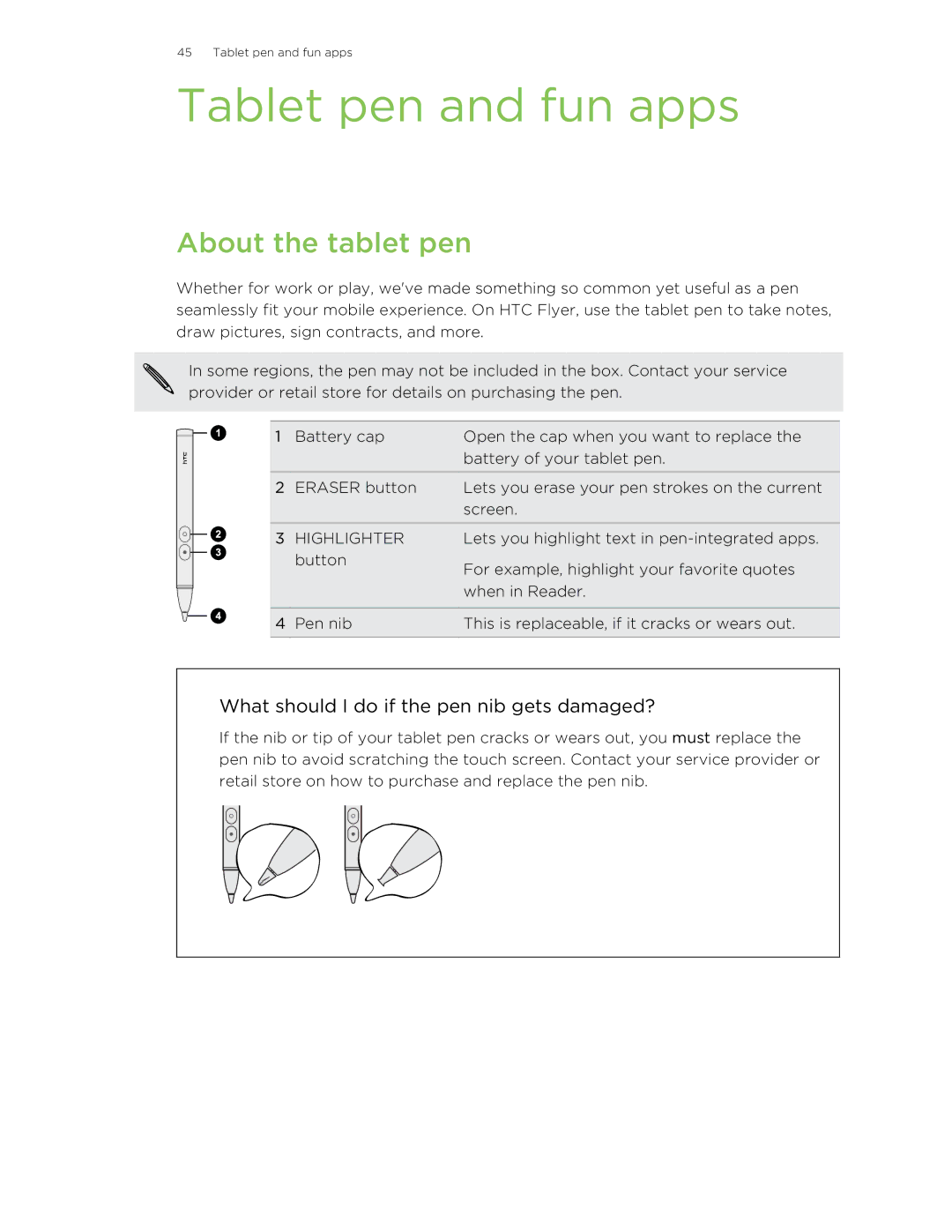 HTC HTCFlyerP512 manual Tablet pen and fun apps, About the tablet pen 