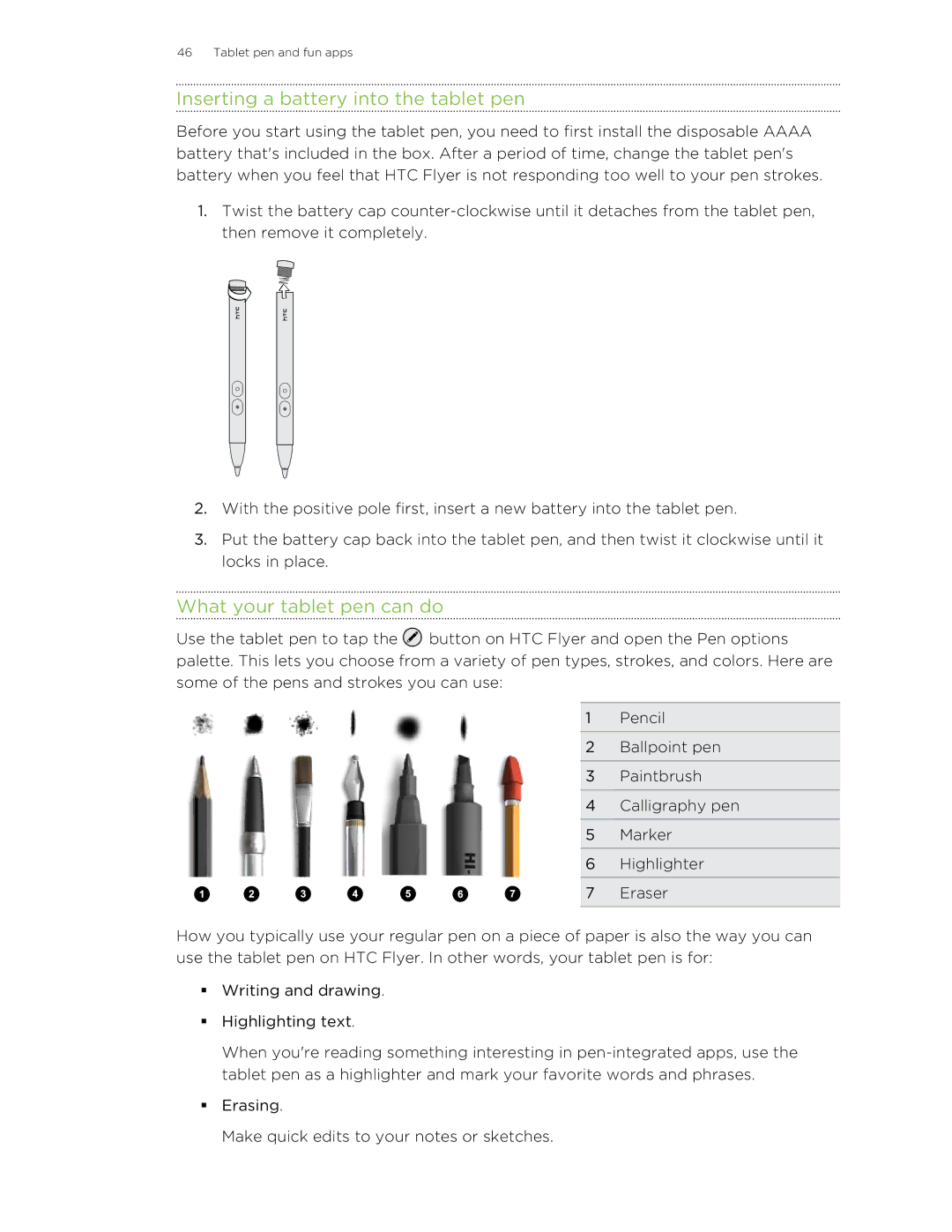 HTC HTCFlyerP512 manual Inserting a battery into the tablet pen, What your tablet pen can do 