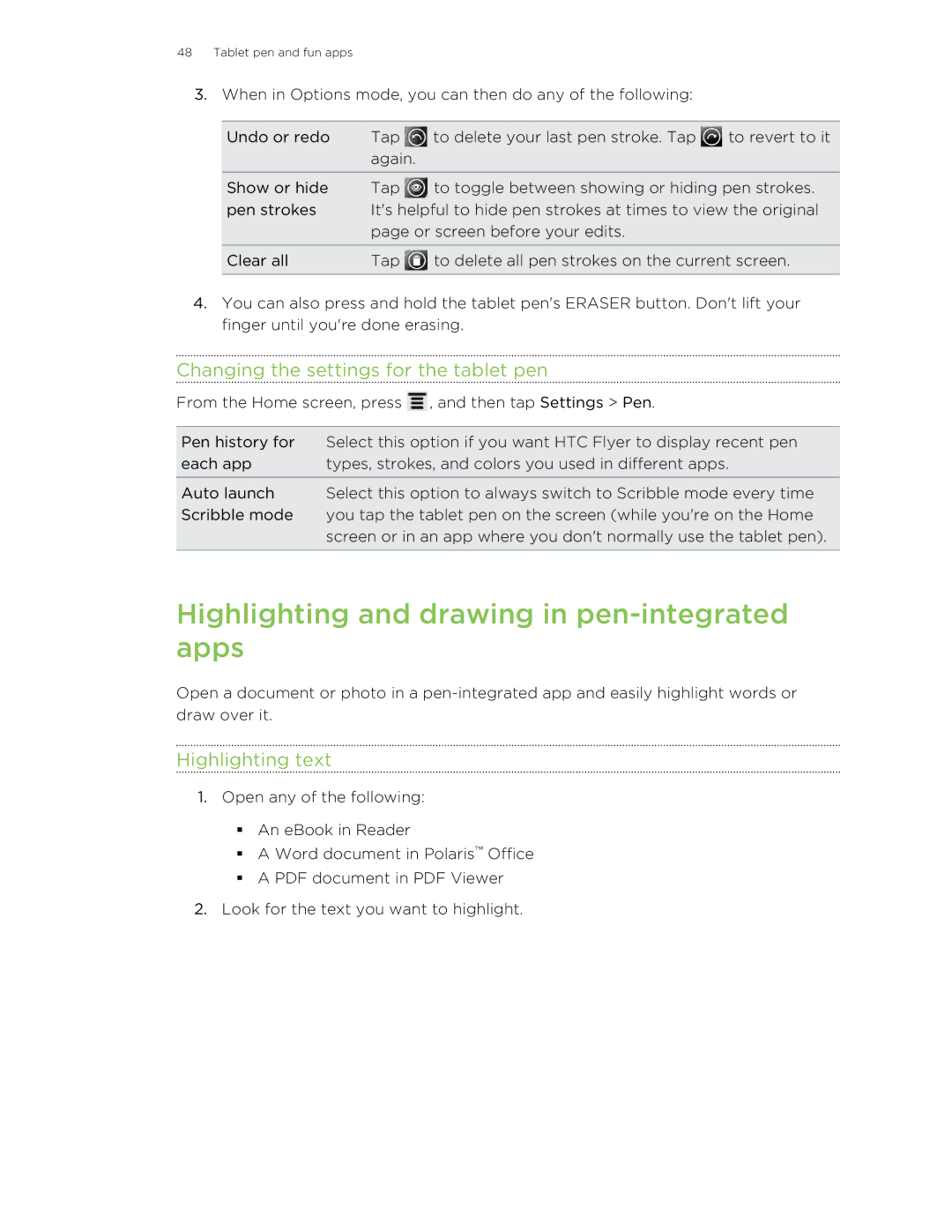 HTC HTCFlyerP512 manual Highlighting and drawing in pen-integrated apps, Changing the settings for the tablet pen 