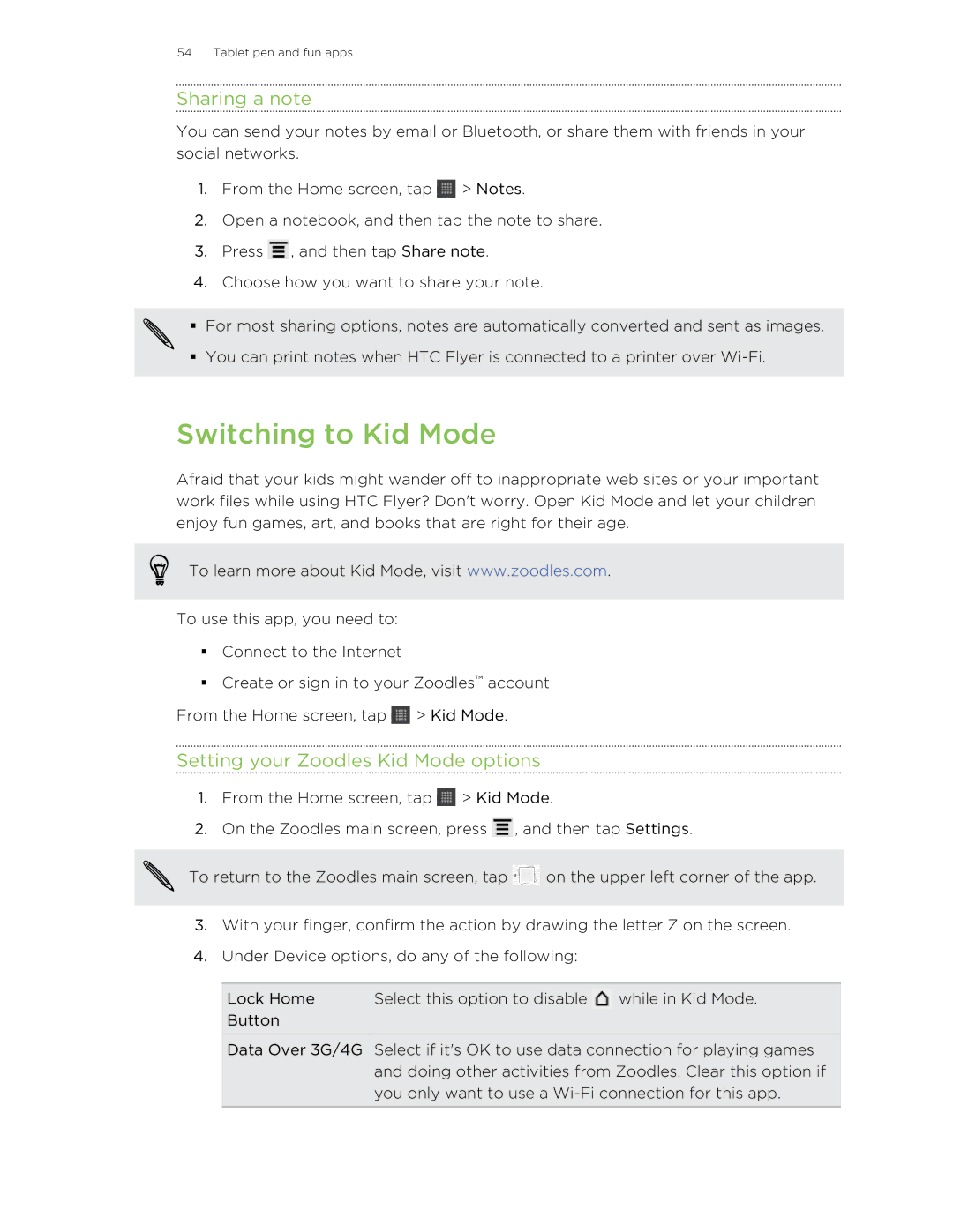 HTC HTCFlyerP512 manual Switching to Kid Mode, Sharing a note, Setting your Zoodles Kid Mode options 