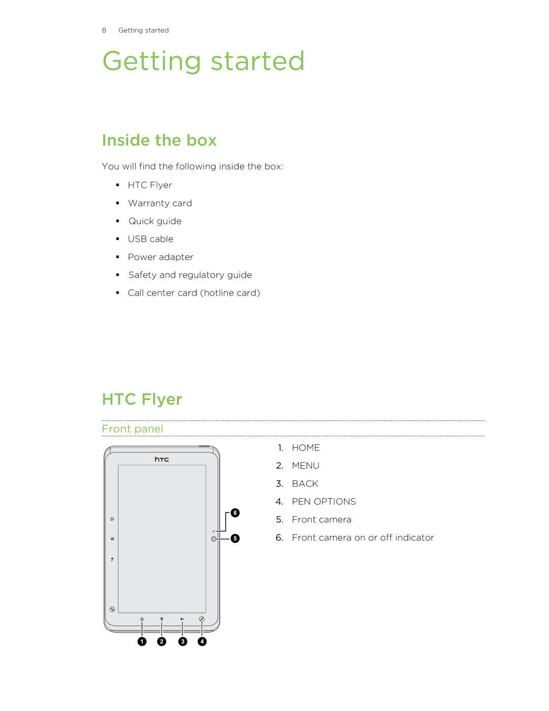 HTC HTCFlyerP512 manual Getting started, Inside the box, HTC Flyer, Front panel 