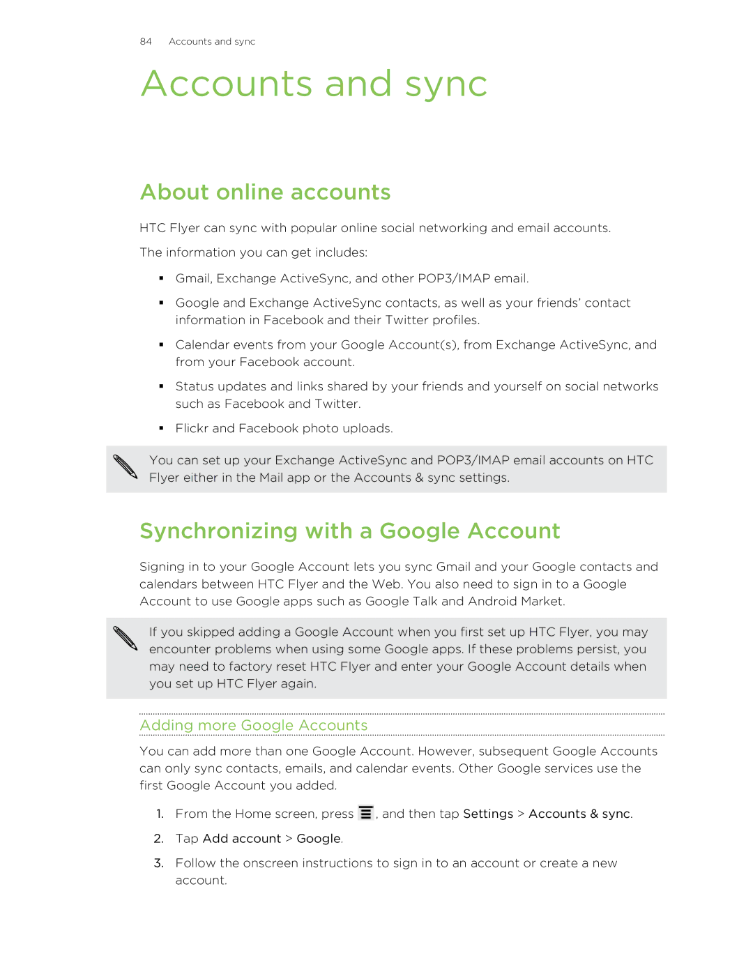 HTC HTCFlyerP512 manual Accounts and sync, About online accounts, Synchronizing with a Google Account 