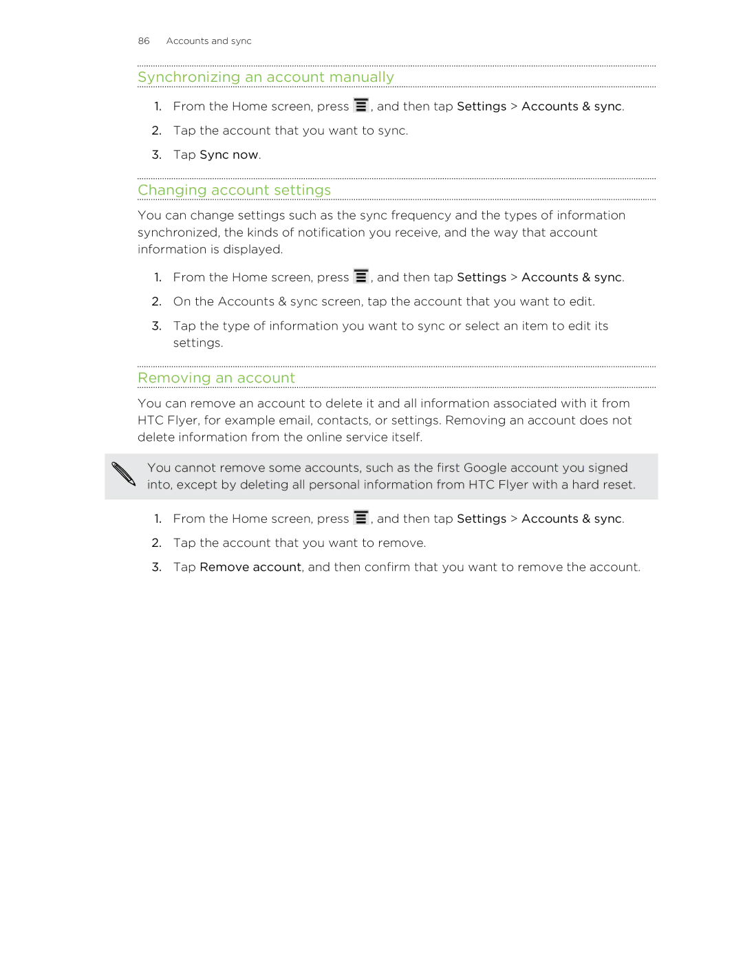 HTC HTCFlyerP512 Synchronizing an account manually, Changing account settings, Removing an account 