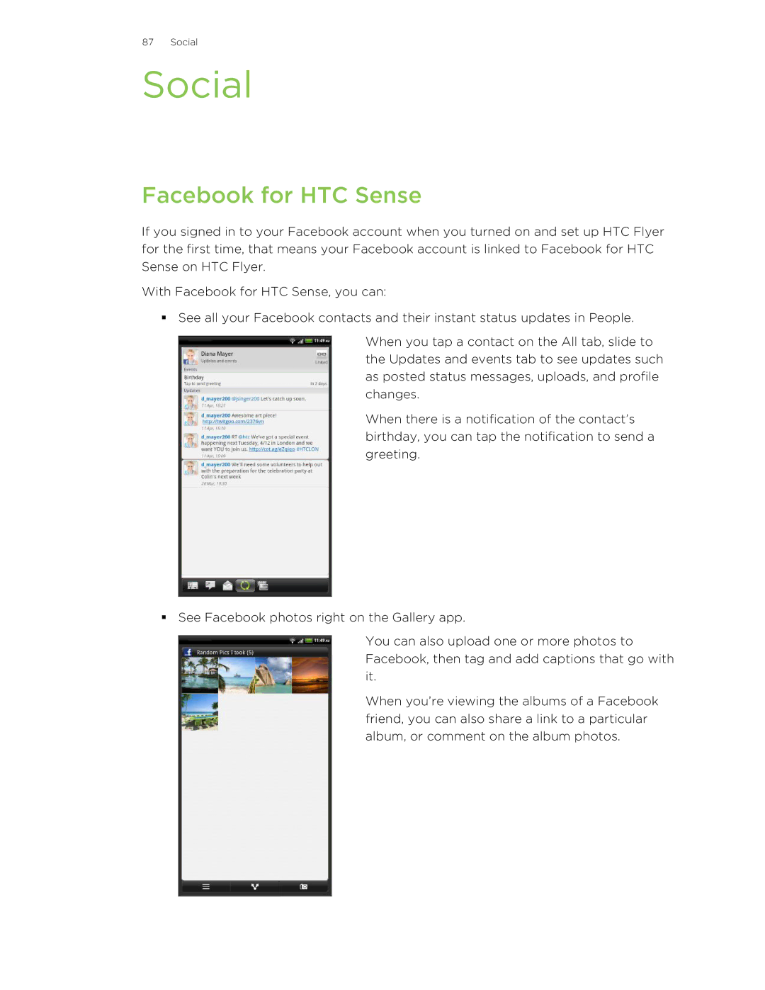 HTC HTCFlyerP512 manual Social, Facebook for HTC Sense 