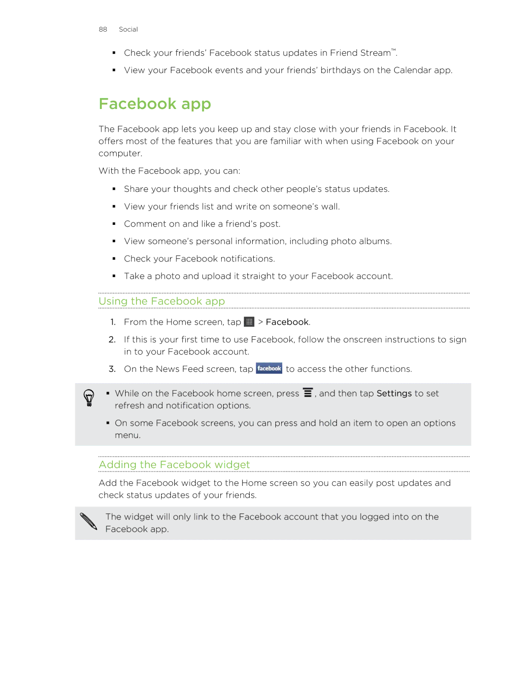 HTC HTCFlyerP512 manual Using the Facebook app, Adding the Facebook widget 