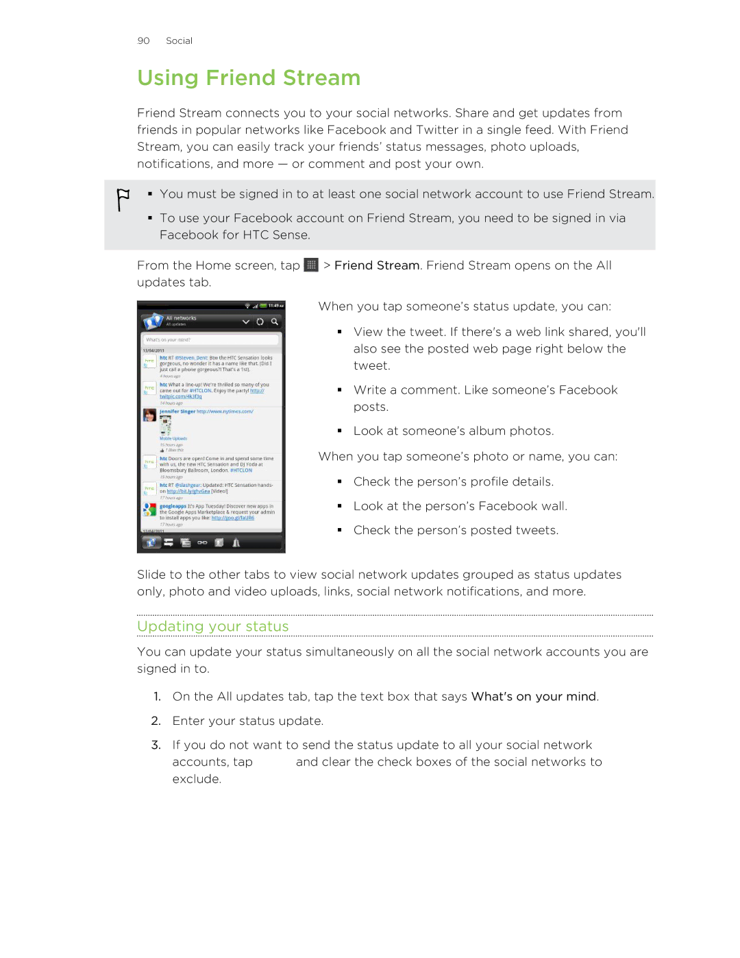 HTC HTCFlyerP512 manual Using Friend Stream, Updating your status 