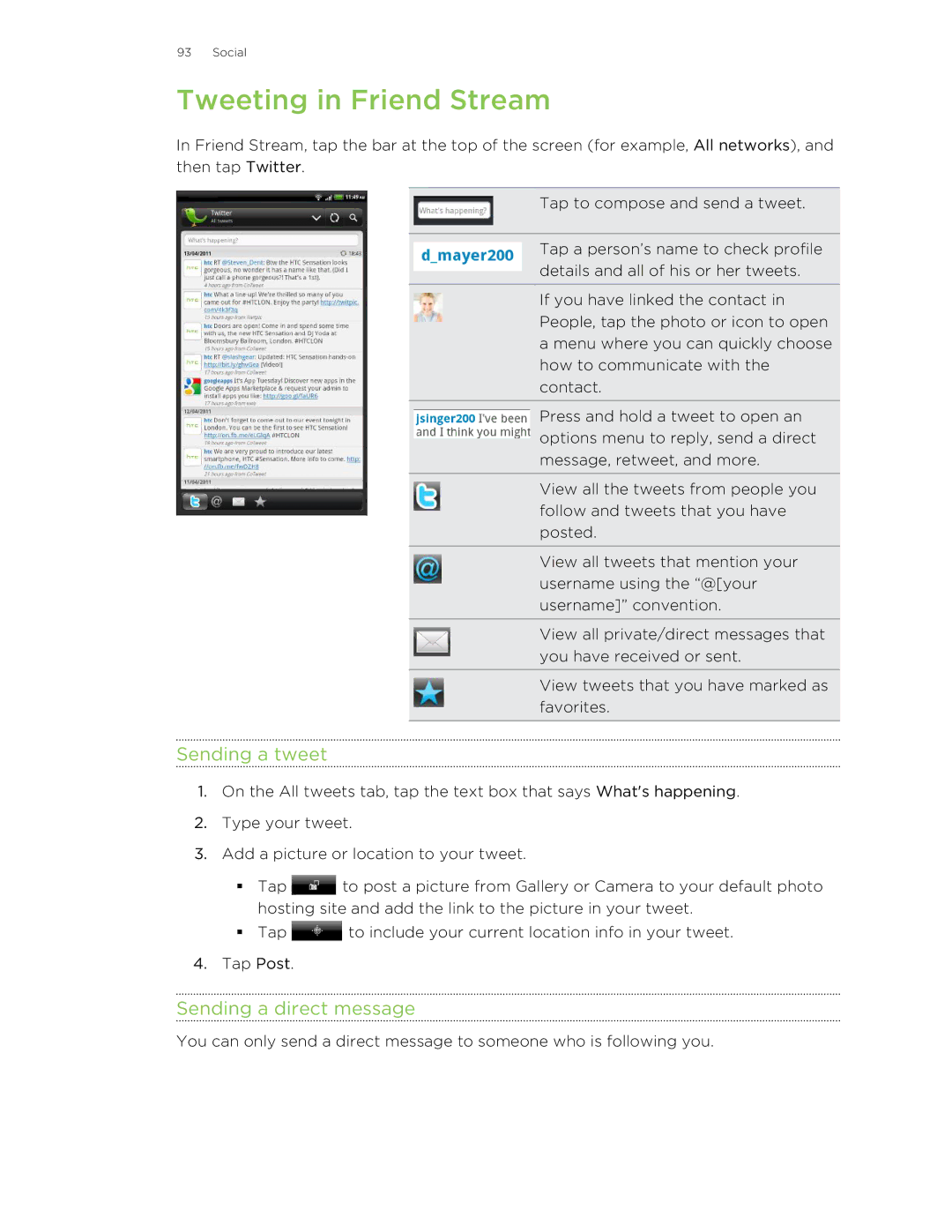 HTC HTCFlyerP512 manual Tweeting in Friend Stream, Sending a tweet, Sending a direct message 