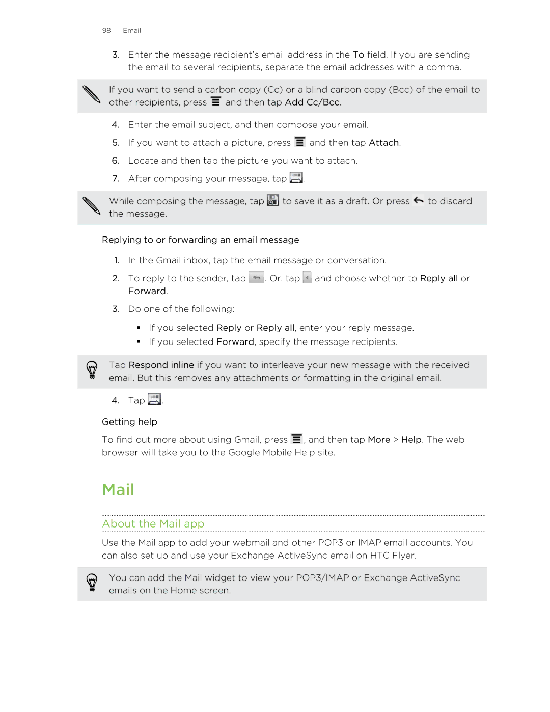 HTC HTCFlyerP512 manual About the Mail app 