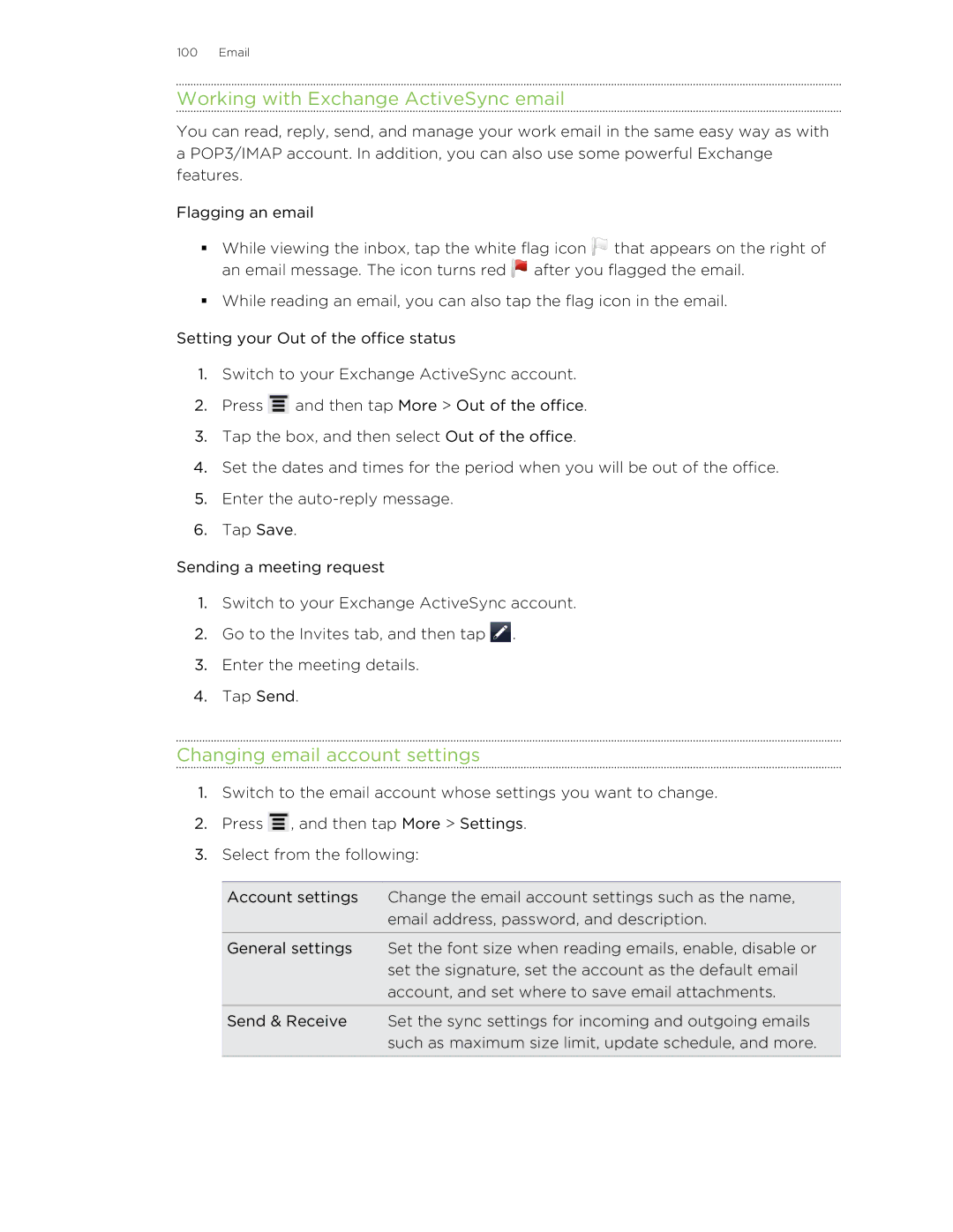 HTC HTCFlyerP512 manual Working with Exchange ActiveSync email, Changing email account settings 