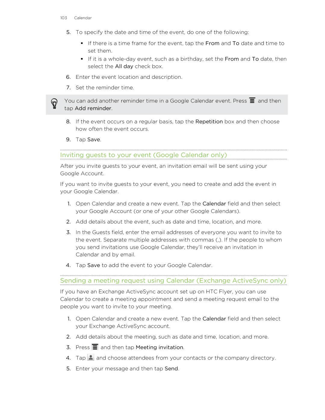 HTC HTCFlyerP512 manual Inviting guests to your event Google Calendar only 