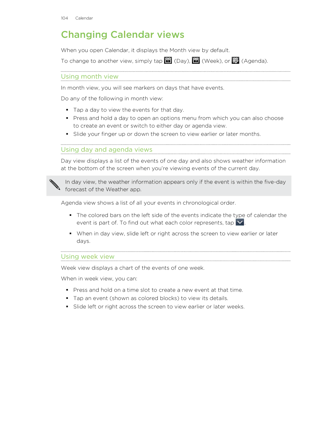 HTC HTCFlyerP512 manual Changing Calendar views, Using month view, Using day and agenda views, Using week view 