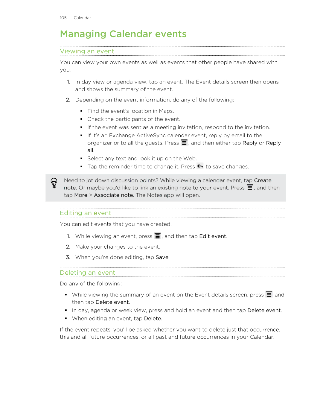 HTC HTCFlyerP512 manual Managing Calendar events, Viewing an event, Editing an event, Deleting an event 