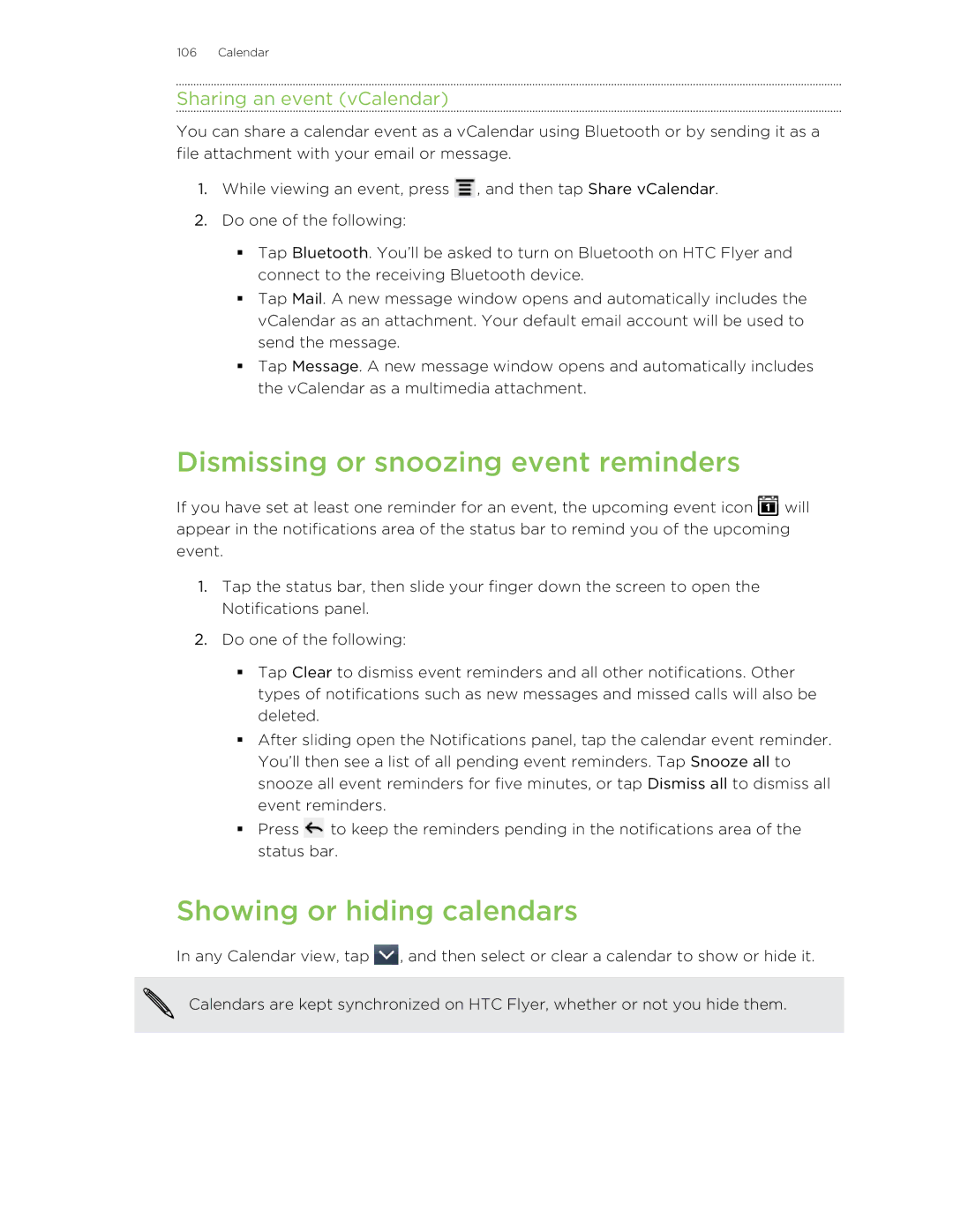 HTC HTCFlyerP512 manual Dismissing or snoozing event reminders, Showing or hiding calendars, Sharing an event vCalendar 