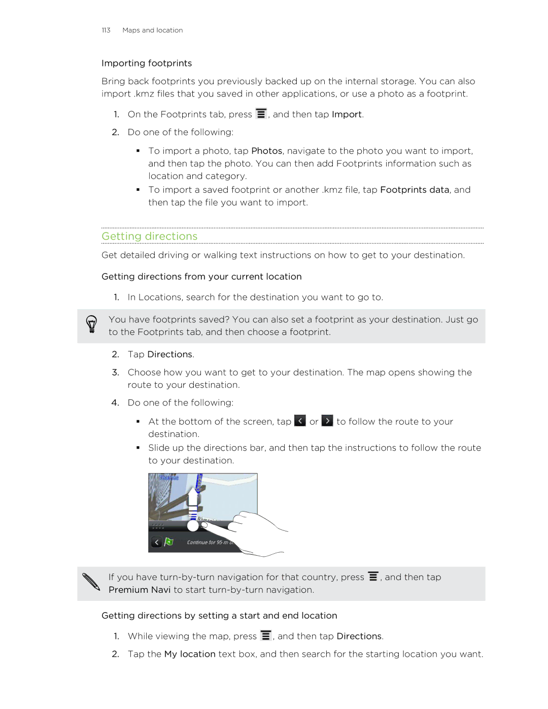 HTC HTCFlyerP512 manual Getting directions 