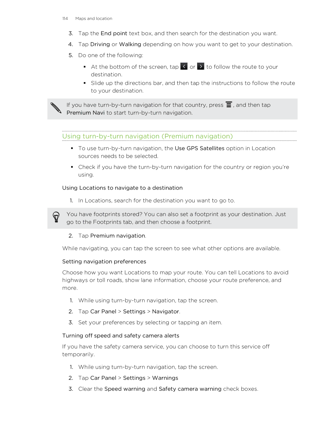 HTC HTCFlyerP512 manual Using turn-by-turn navigation Premium navigation 