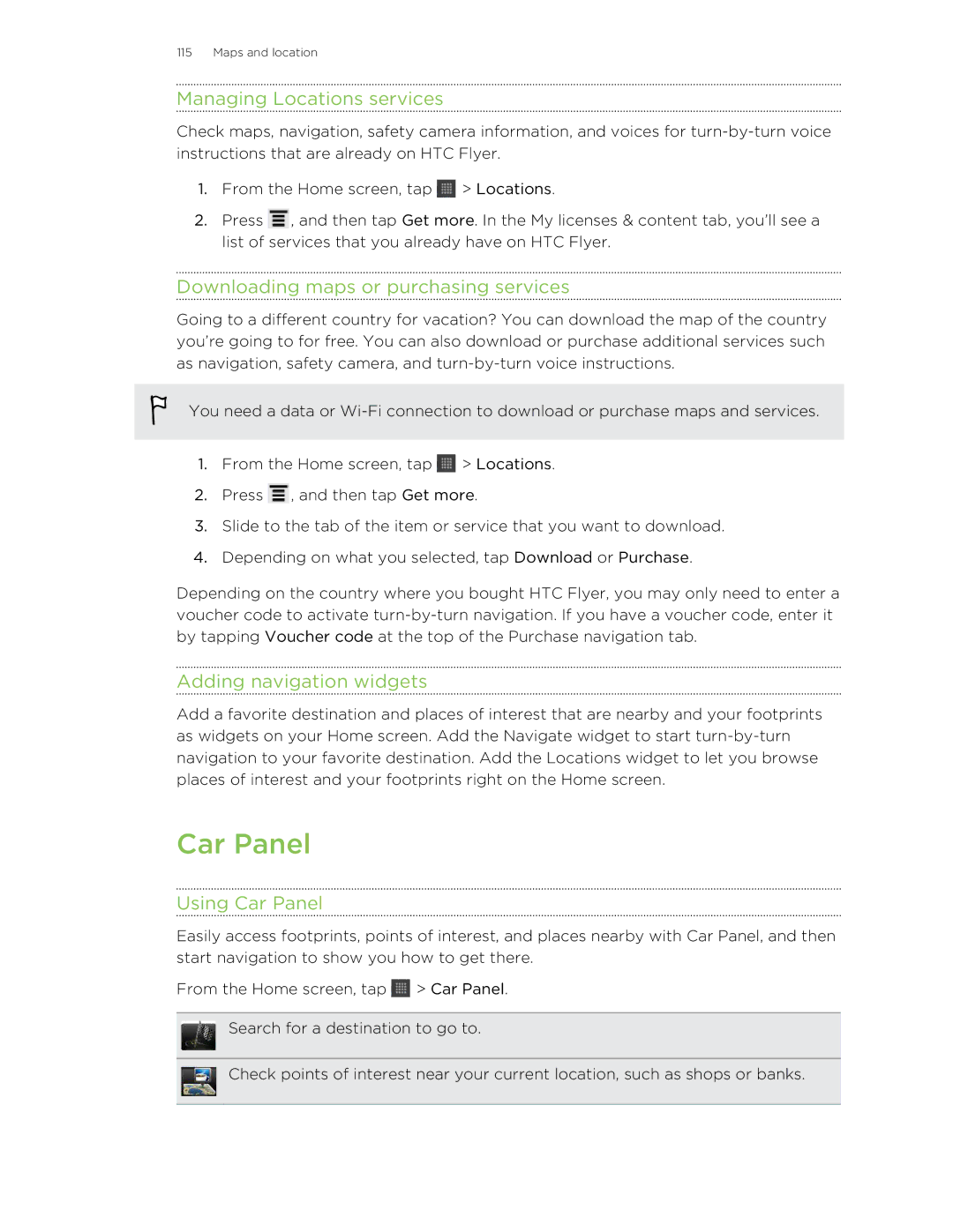 HTC HTCFlyerP512 manual Managing Locations services, Downloading maps or purchasing services, Using Car Panel 