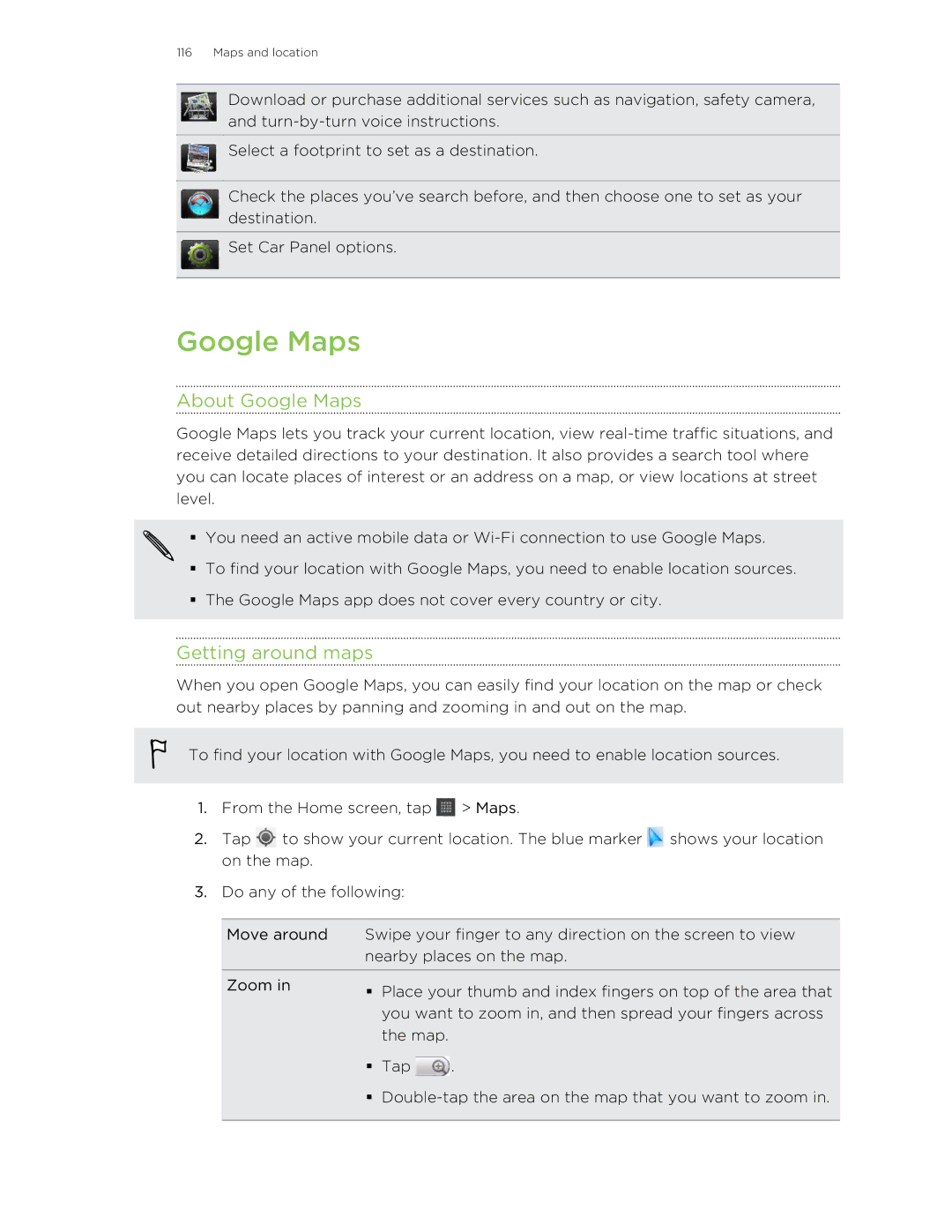 HTC HTCFlyerP512 manual About Google Maps, Getting around maps 