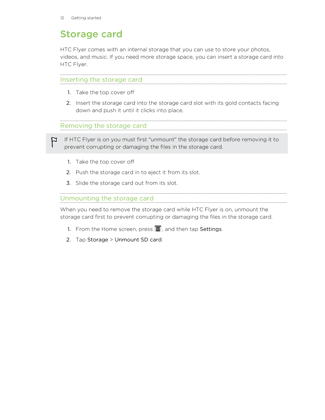 HTC HTCFlyerP512 manual Storage card, Inserting the storage card, Removing the storage card, Unmounting the storage card 