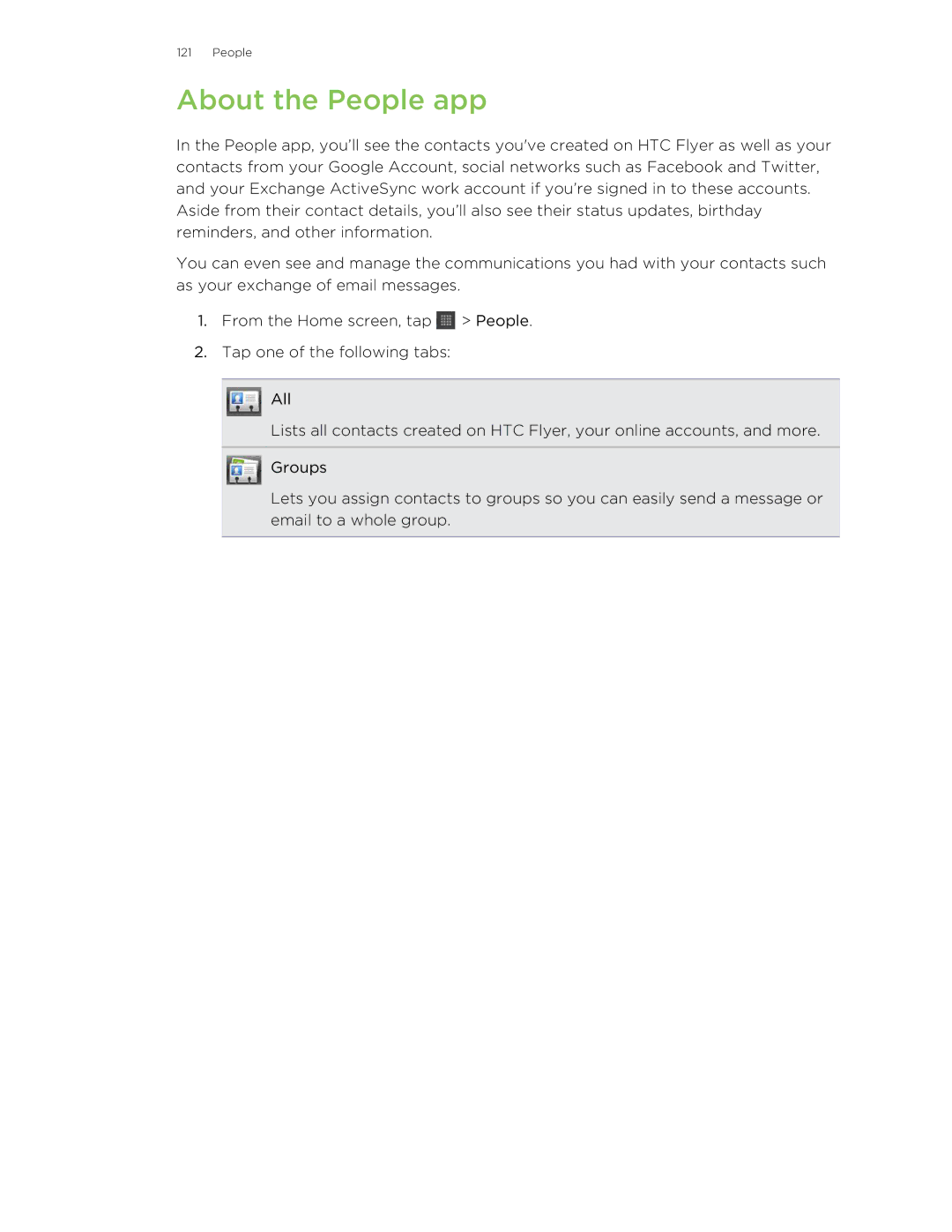 HTC HTCFlyerP512 manual About the People app 