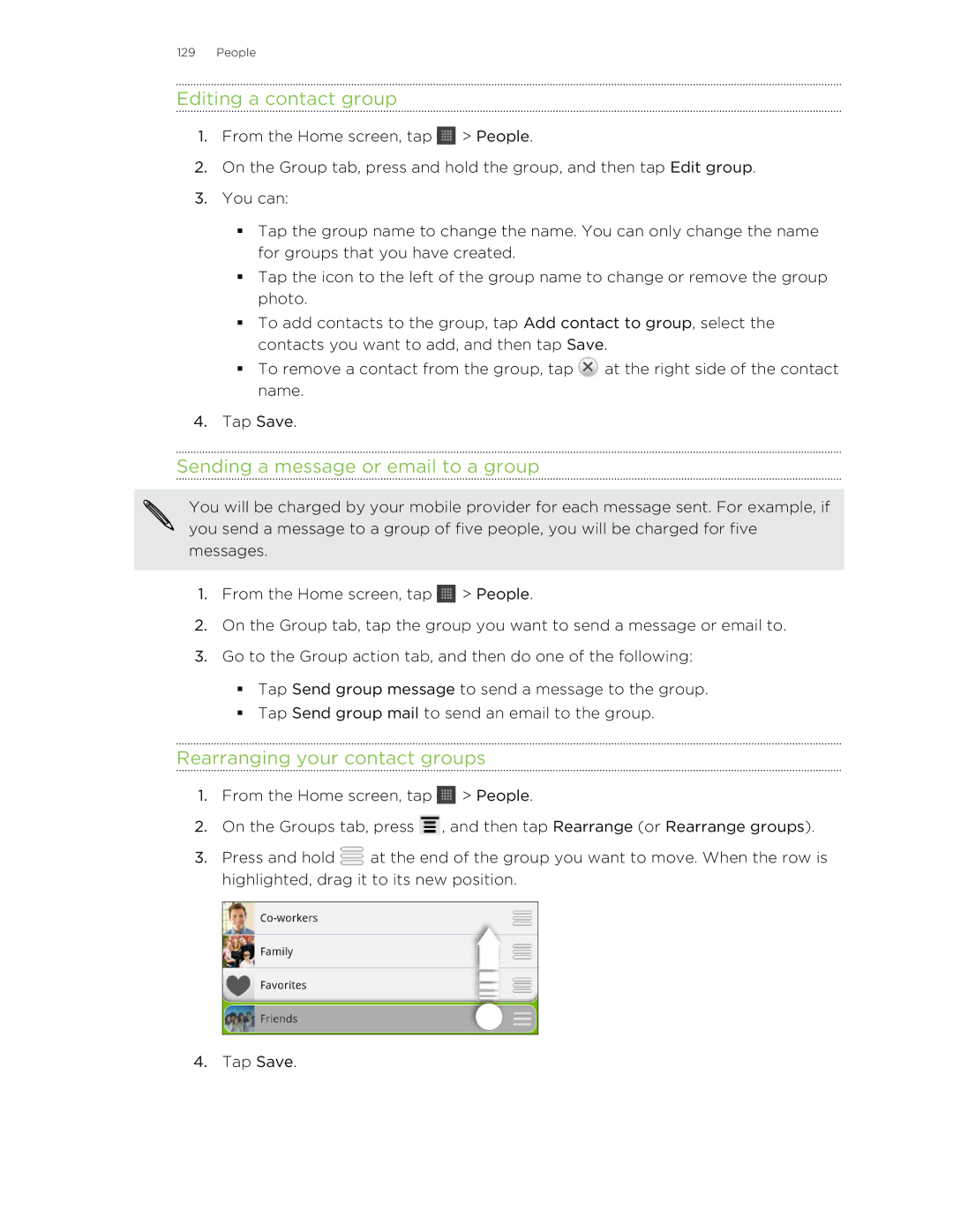 HTC HTCFlyerP512 manual Editing a contact group, Sending a message or email to a group, Rearranging your contact groups 