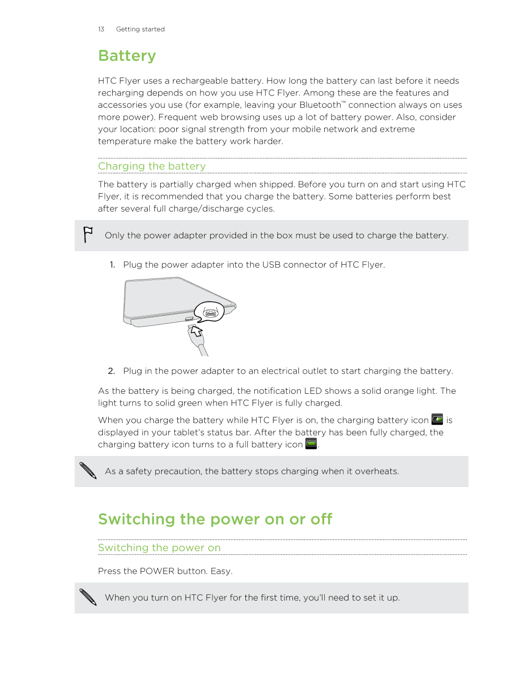 HTC HTCFlyerP512 manual Battery, Switching the power on or off, Charging the battery 