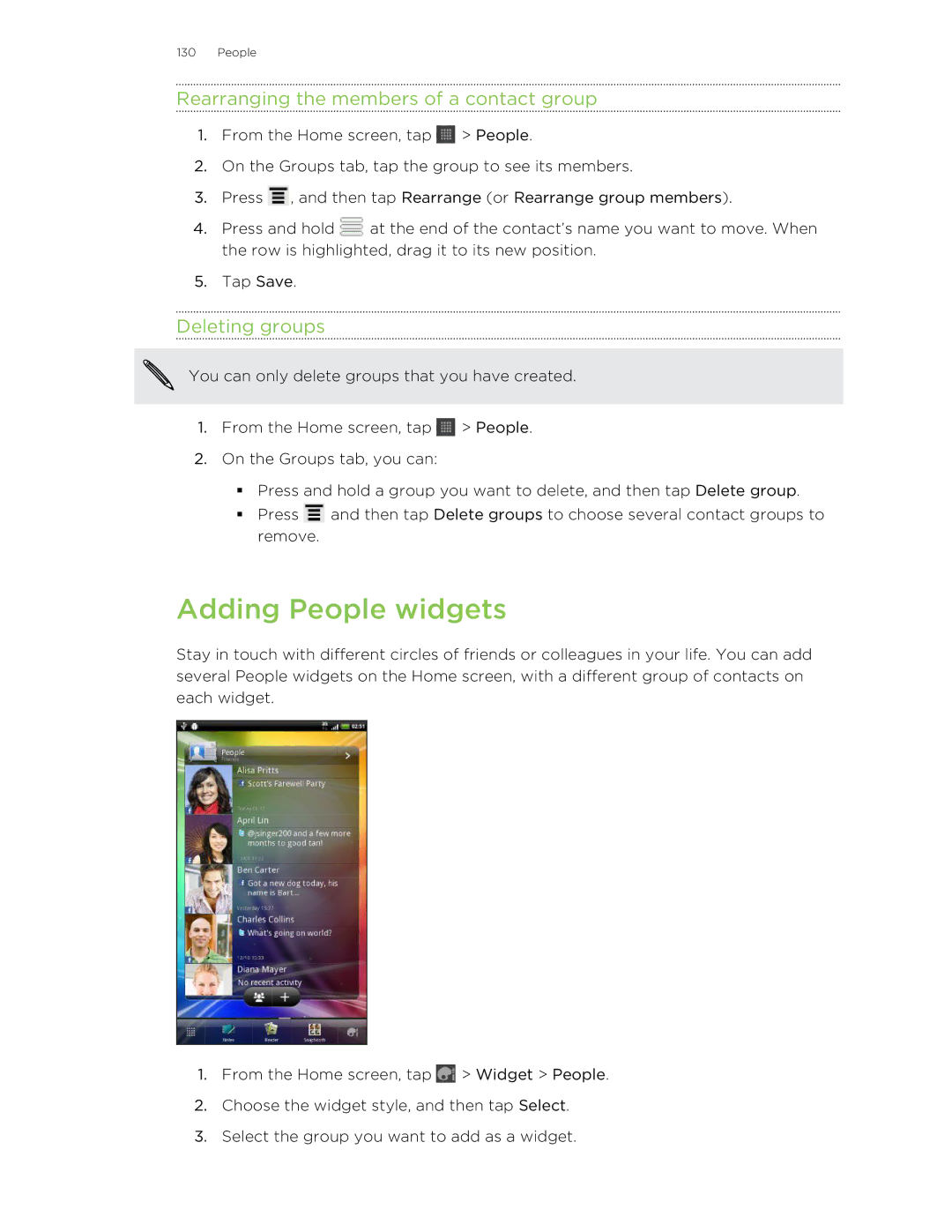 HTC HTCFlyerP512 manual Adding People widgets, Rearranging the members of a contact group, Deleting groups 