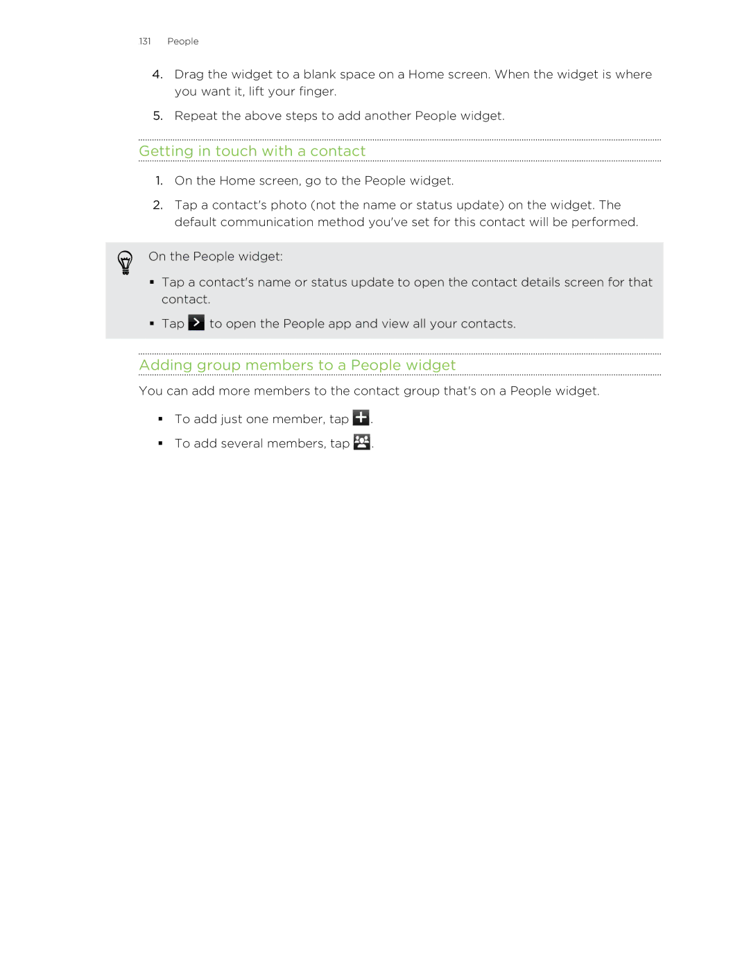 HTC HTCFlyerP512 manual Getting in touch with a contact, Adding group members to a People widget 