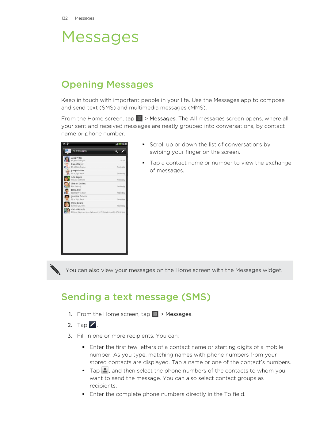 HTC HTCFlyerP512 manual Opening Messages, Sending a text message SMS 