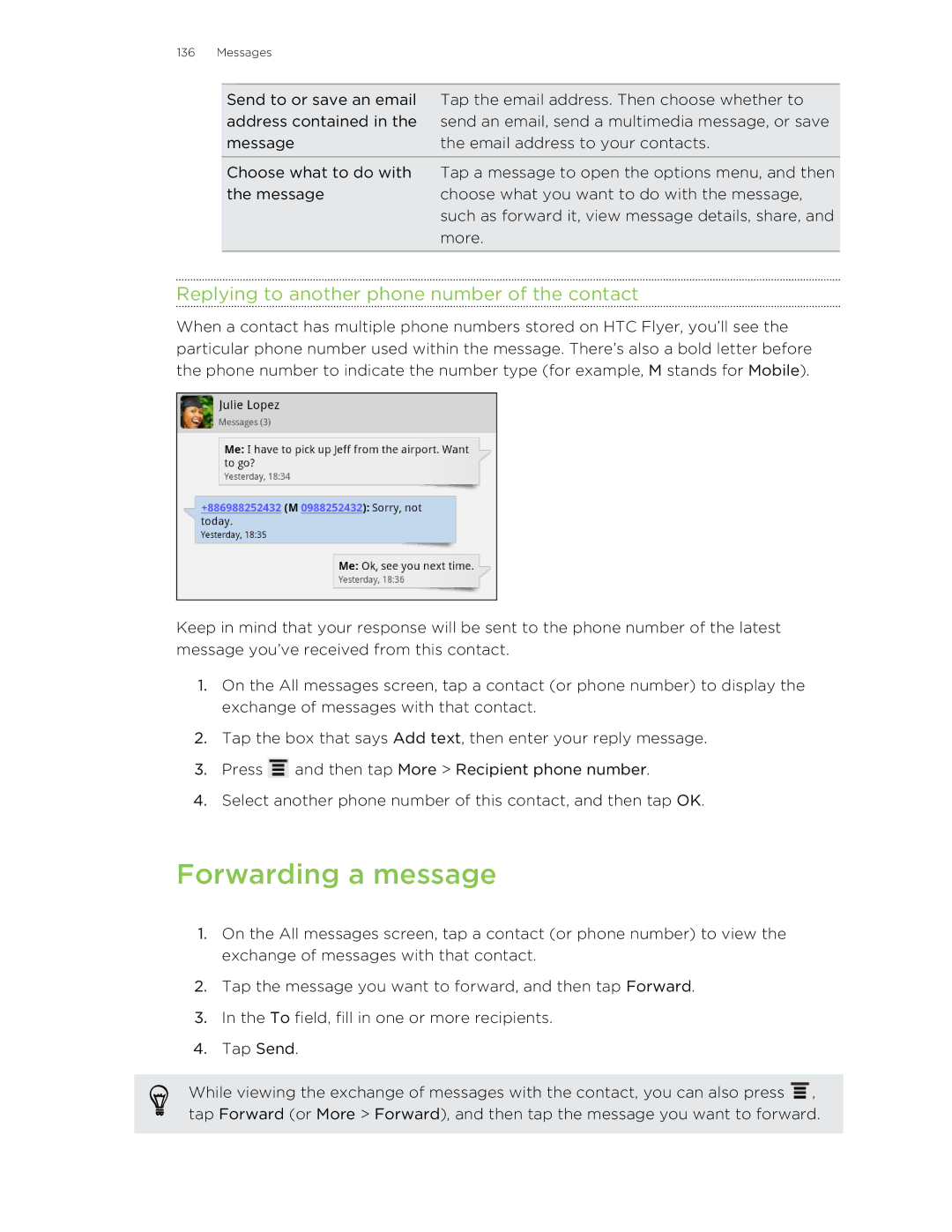 HTC HTCFlyerP512 manual Forwarding a message, Replying to another phone number of the contact 