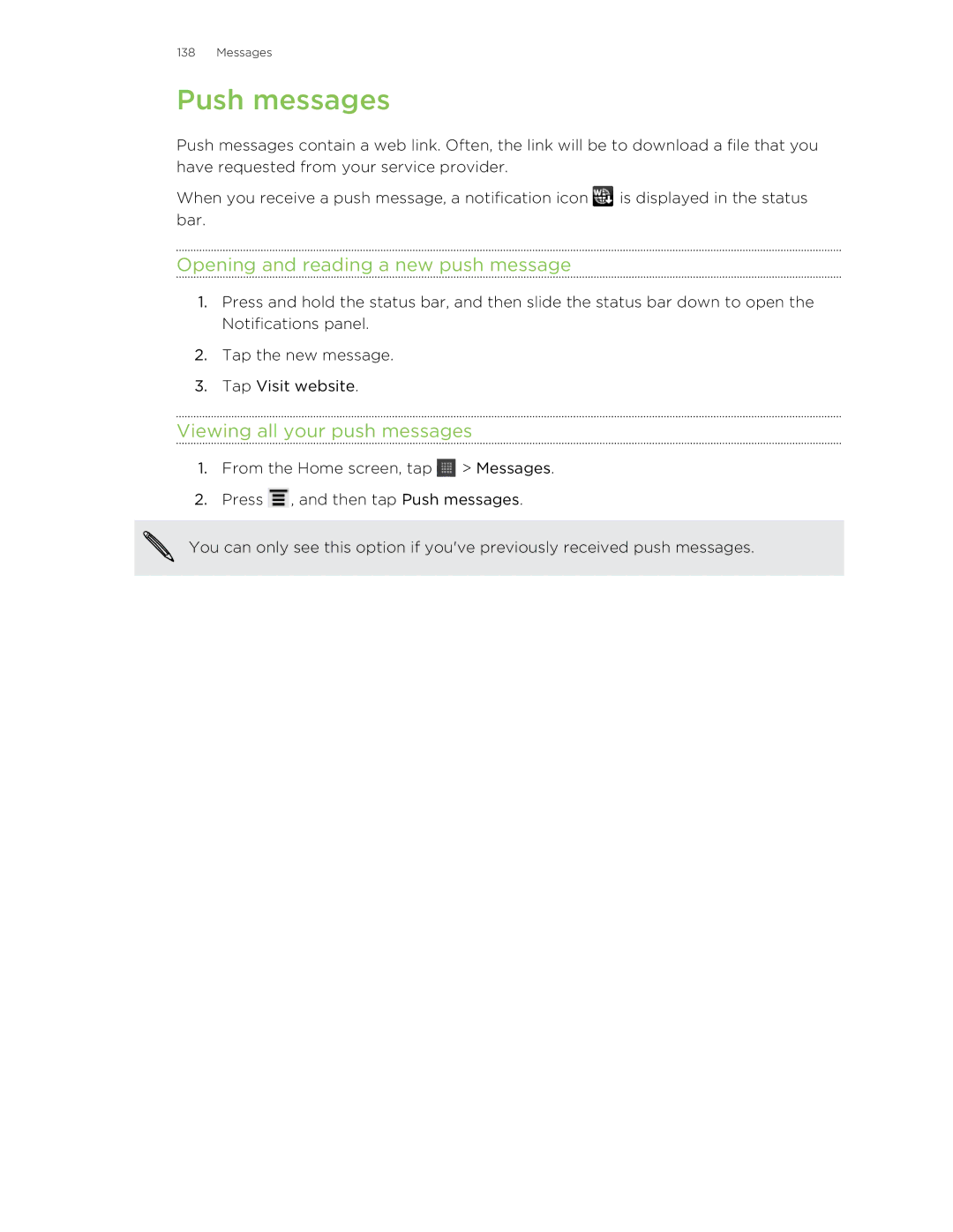 HTC HTCFlyerP512 manual Push messages, Opening and reading a new push message, Viewing all your push messages 