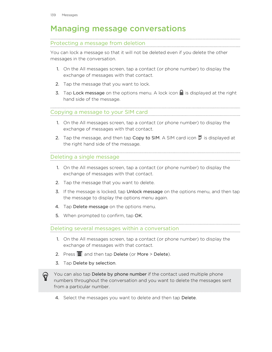 HTC HTCFlyerP512 Managing message conversations, Protecting a message from deletion, Copying a message to your SIM card 