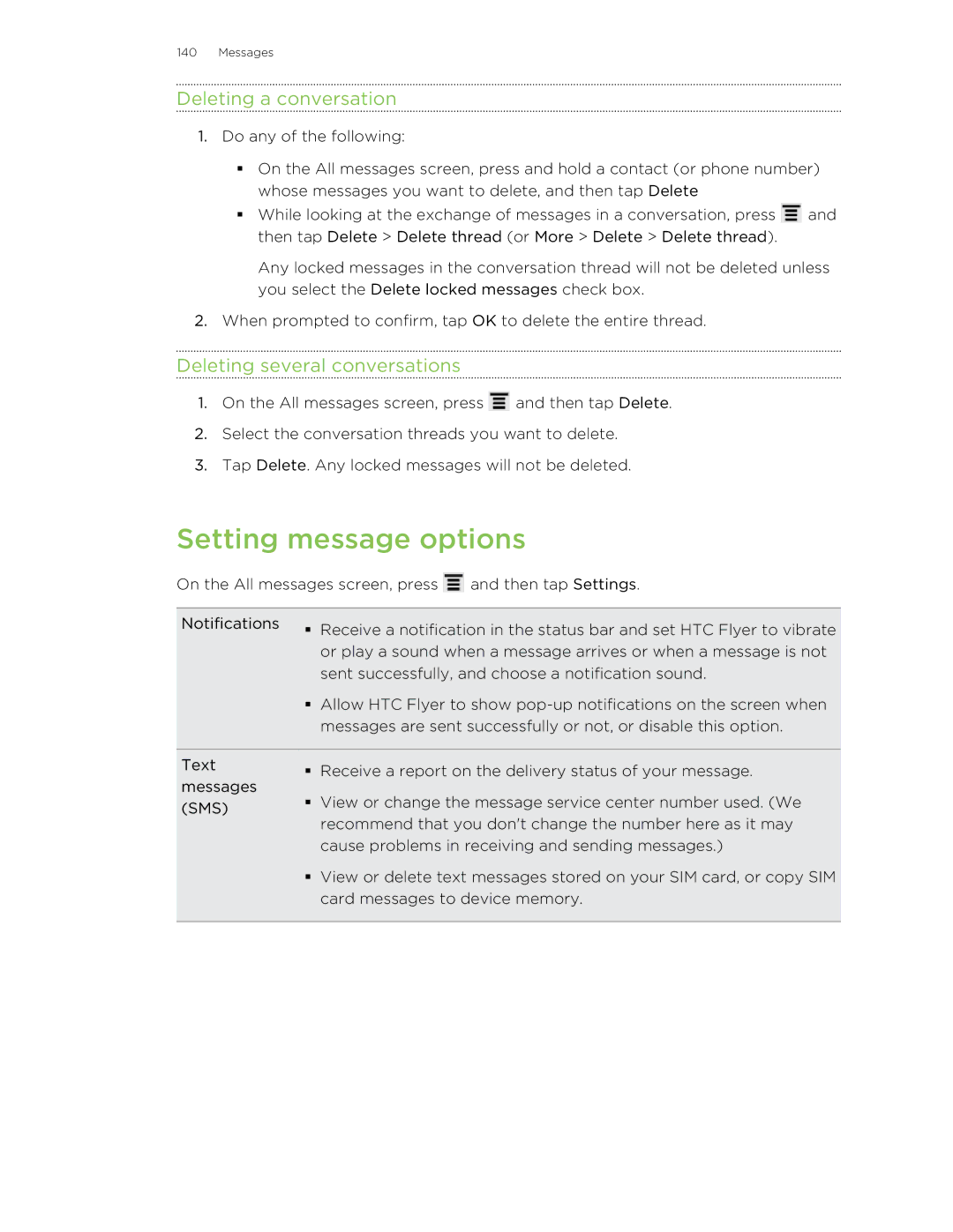 HTC HTCFlyerP512 manual Setting message options, Deleting a conversation, Deleting several conversations 