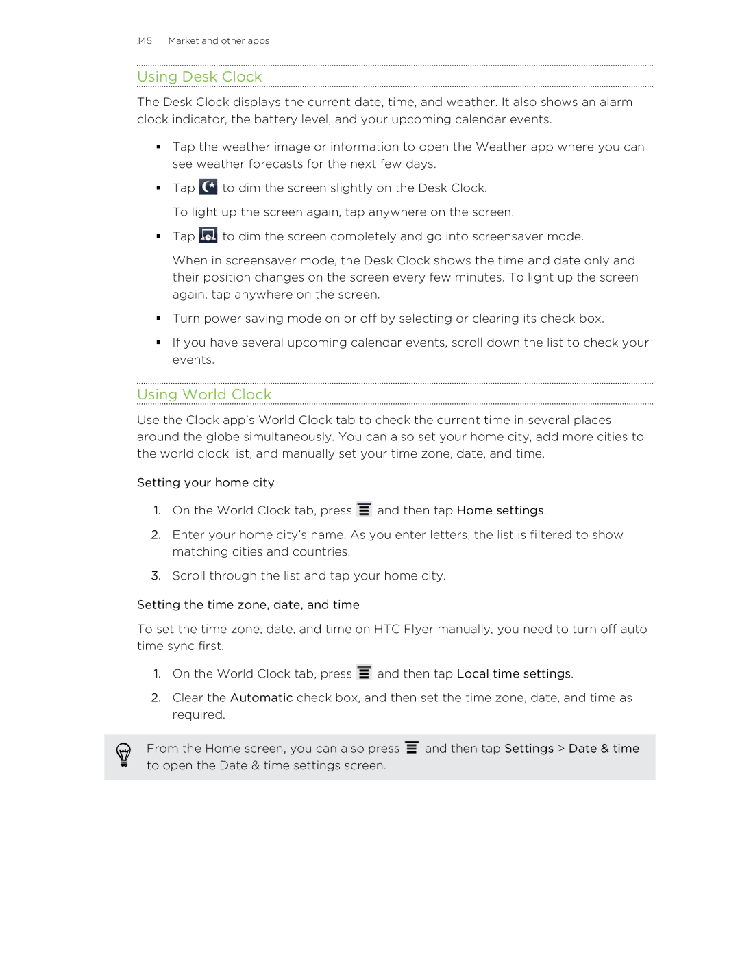 HTC HTCFlyerP512 manual Using Desk Clock, Using World Clock 