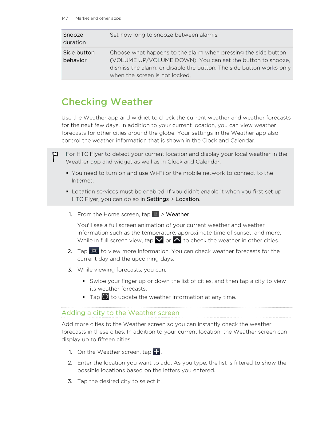 HTC HTCFlyerP512 manual Checking Weather, Adding a city to the Weather screen 