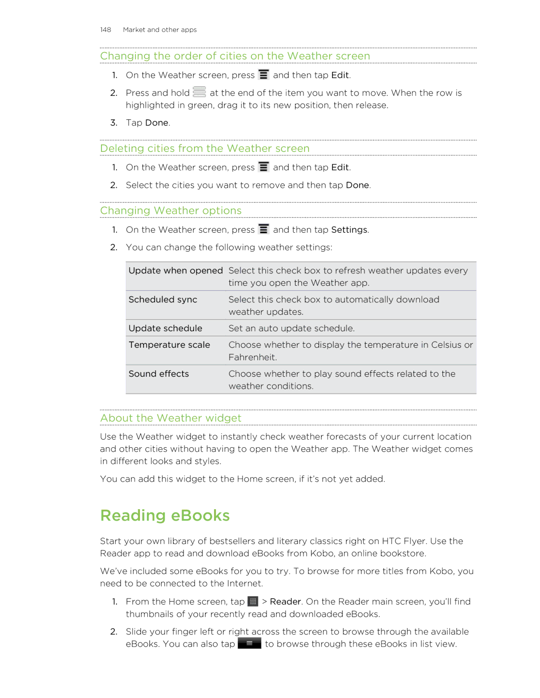 HTC HTCFlyerP512 manual Reading eBooks, Changing the order of cities on the Weather screen, Changing Weather options 