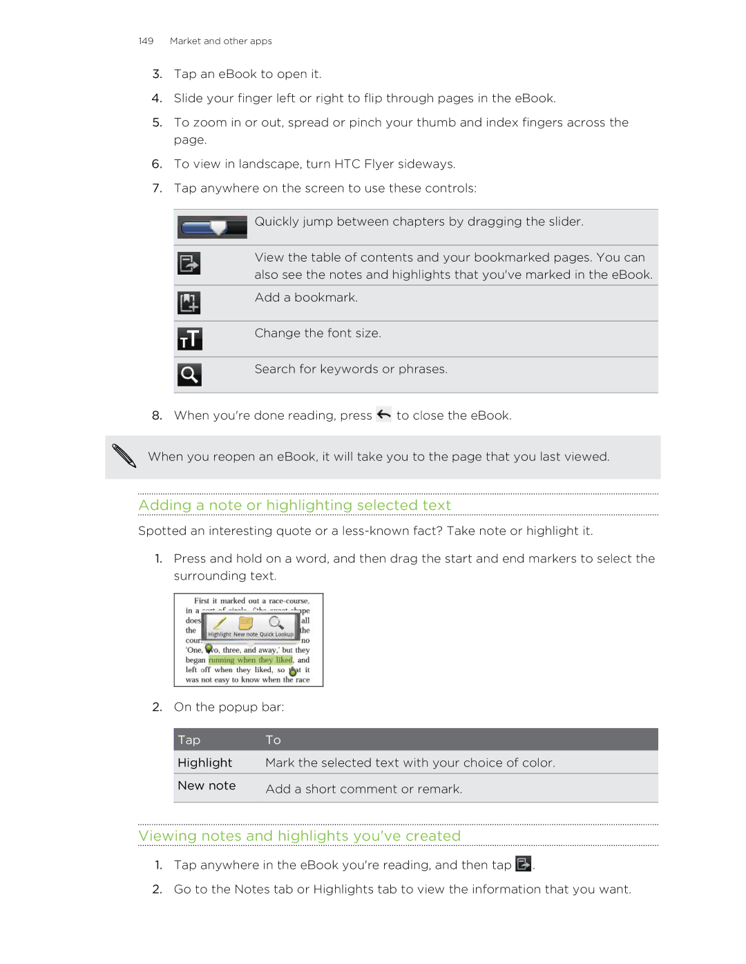 HTC HTCFlyerP512 manual Adding a note or highlighting selected text, Viewing notes and highlights youve created 