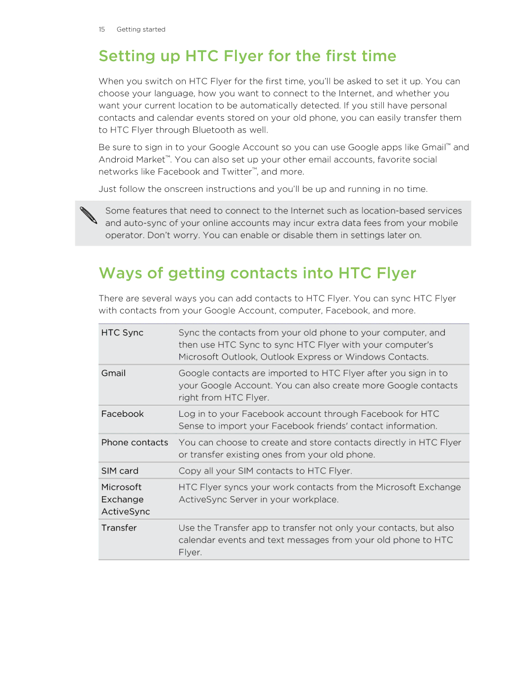 HTC HTCFlyerP512 manual Setting up HTC Flyer for the first time, Ways of getting contacts into HTC Flyer 