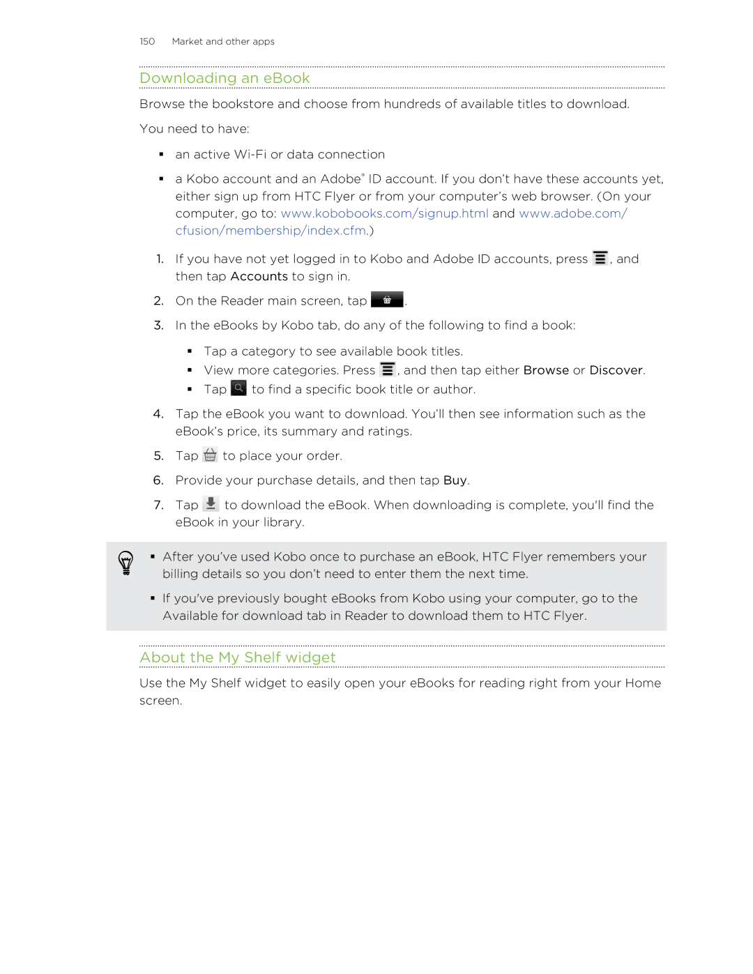 HTC HTCFlyerP512 manual Downloading an eBook, About the My Shelf widget 
