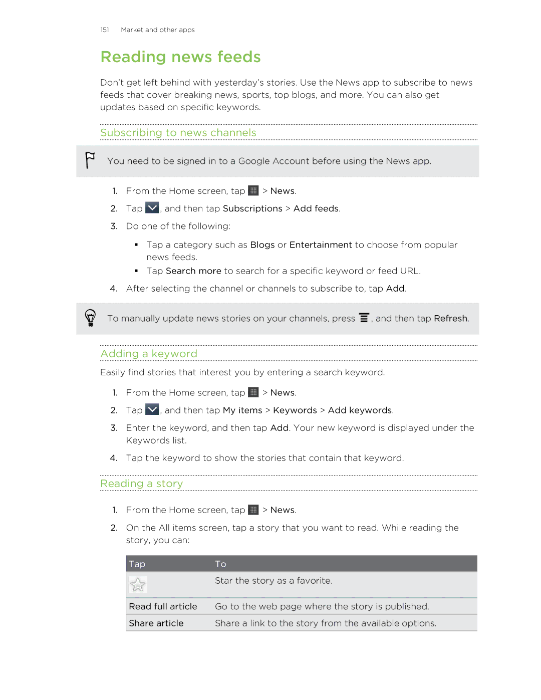 HTC HTCFlyerP512 manual Reading news feeds, Subscribing to news channels, Adding a keyword, Reading a story 