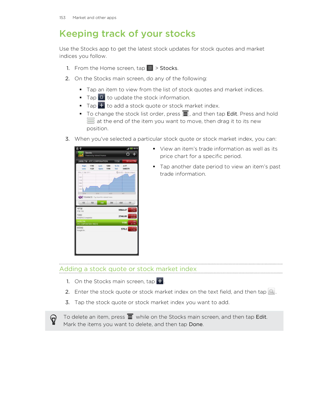 HTC HTCFlyerP512 manual Keeping track of your stocks, Adding a stock quote or stock market index 