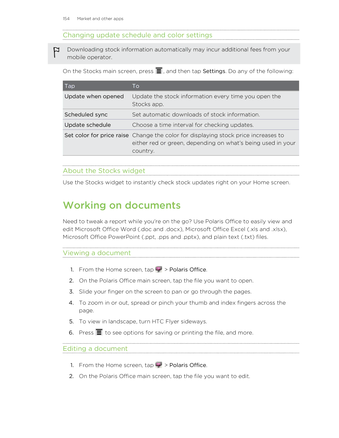 HTC HTCFlyerP512 manual Working on documents, Changing update schedule and color settings, About the Stocks widget 