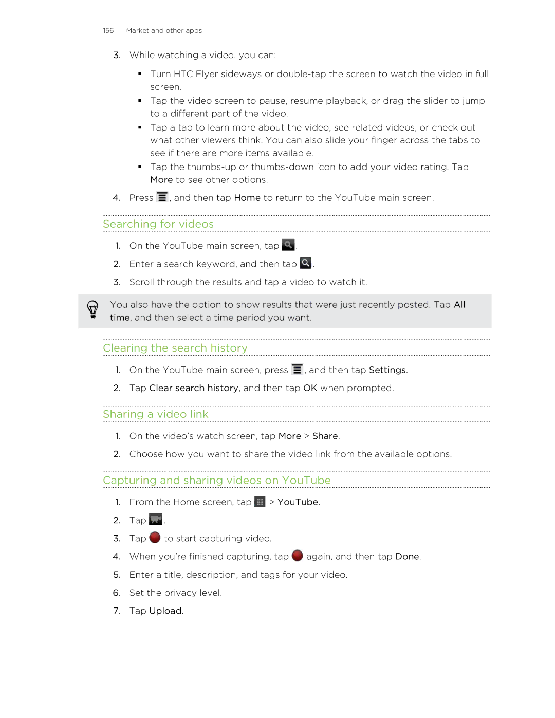 HTC HTCFlyerP512 manual Searching for videos, Clearing the search history, Sharing a video link 