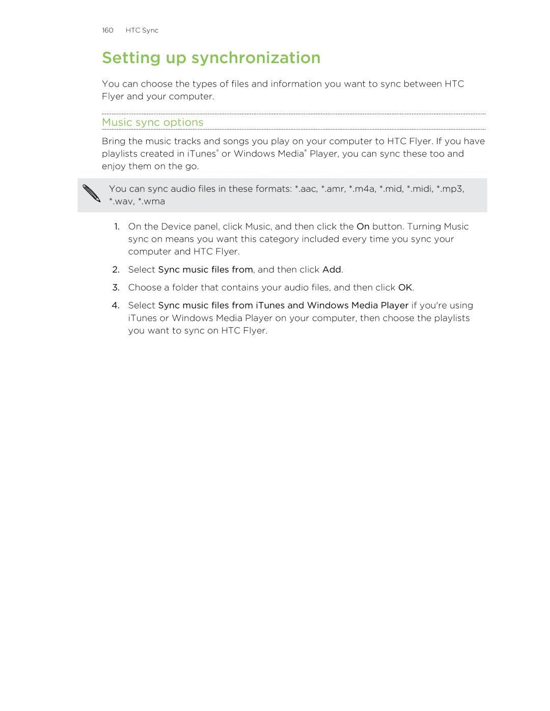 HTC HTCFlyerP512 manual Setting up synchronization, Music sync options 