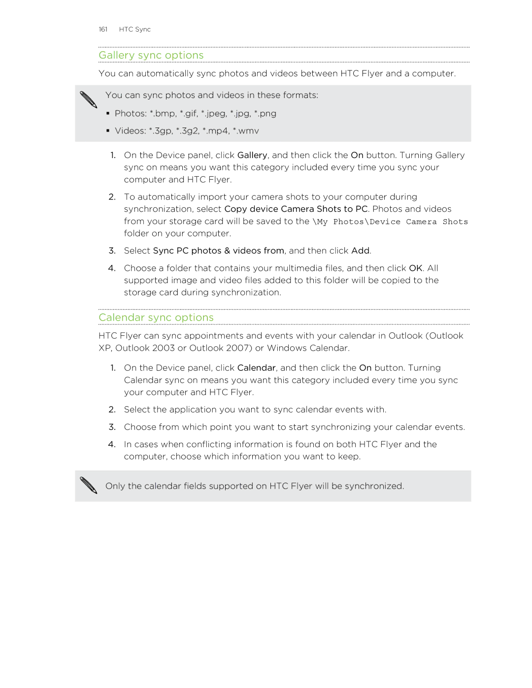 HTC HTCFlyerP512 manual Gallery sync options, Calendar sync options 