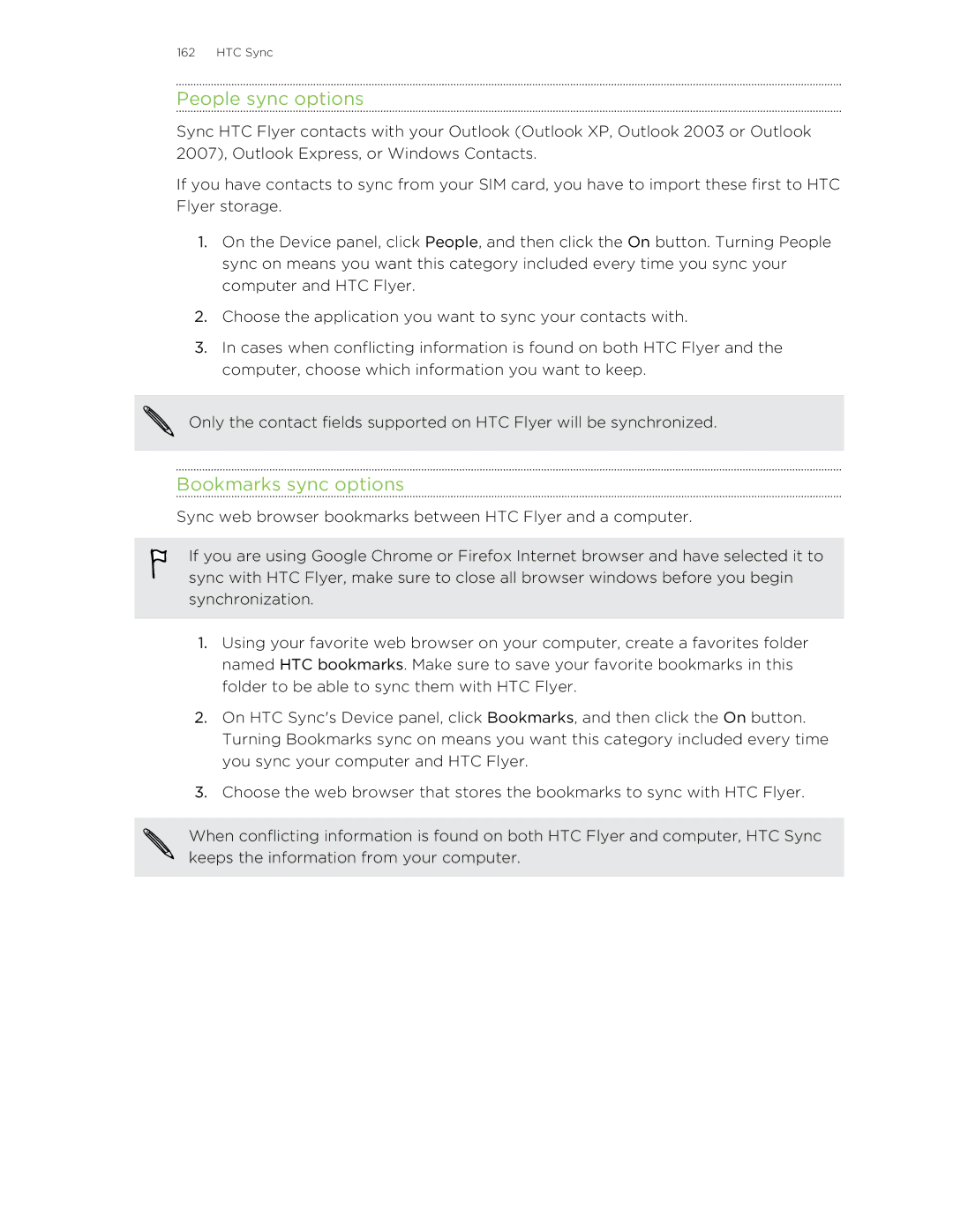 HTC HTCFlyerP512 manual People sync options, Bookmarks sync options 