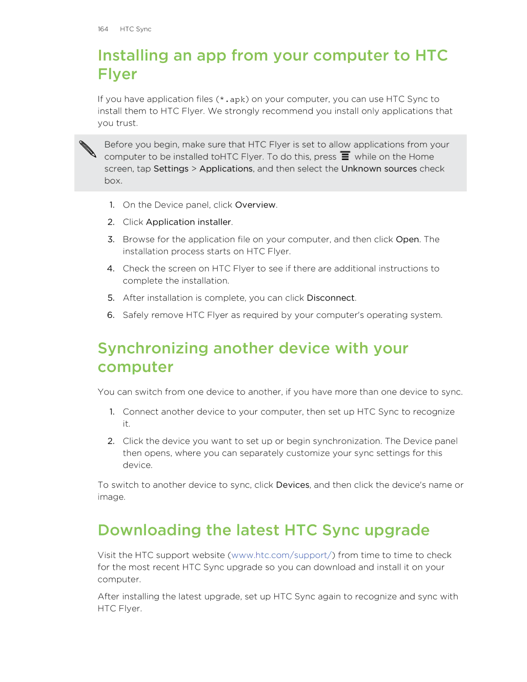 HTC HTCFlyerP512 manual Installing an app from your computer to HTC Flyer, Synchronizing another device with your computer 