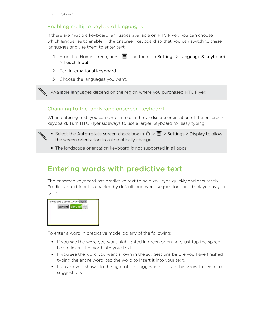 HTC HTCFlyerP512 manual Entering words with predictive text, Enabling multiple keyboard languages 