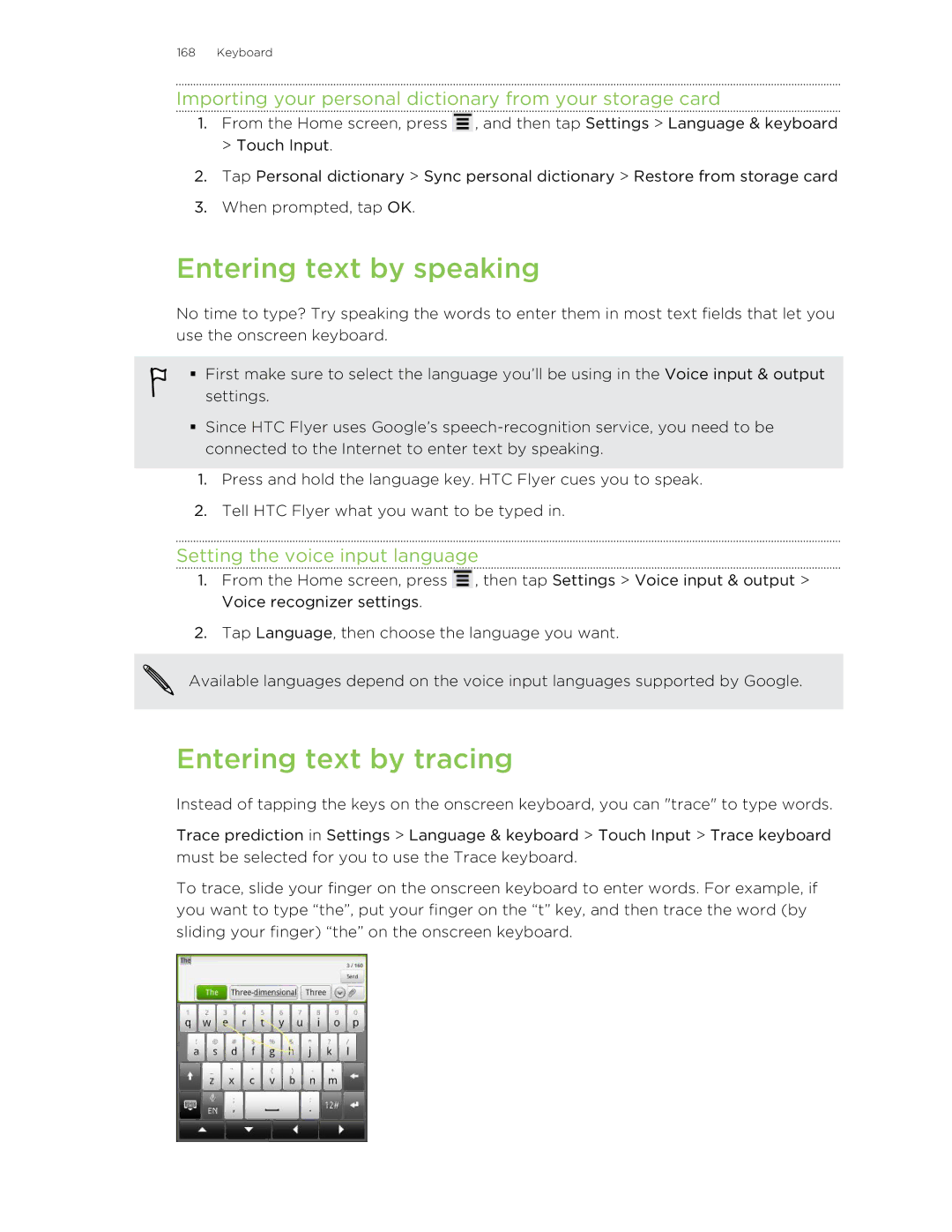 HTC HTCFlyerP512 manual Entering text by speaking, Entering text by tracing, Setting the voice input language 